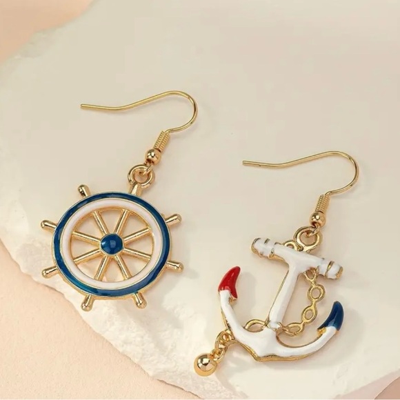 Nautical, Anchor & Helm Enamel Earrings. - Picture 3 of 4